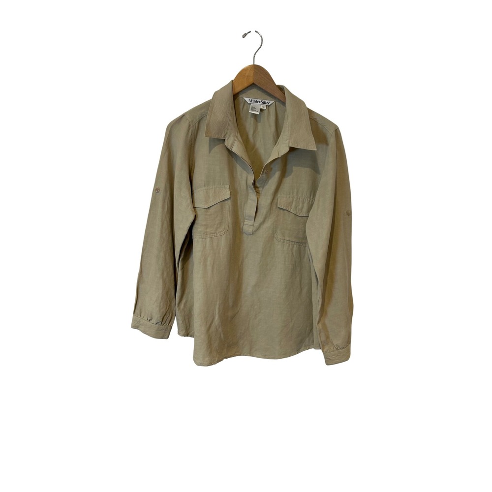 WinterSilks Pullover Blouse Women XL Beige Silk Linen Roll Tab Sleeve Utility